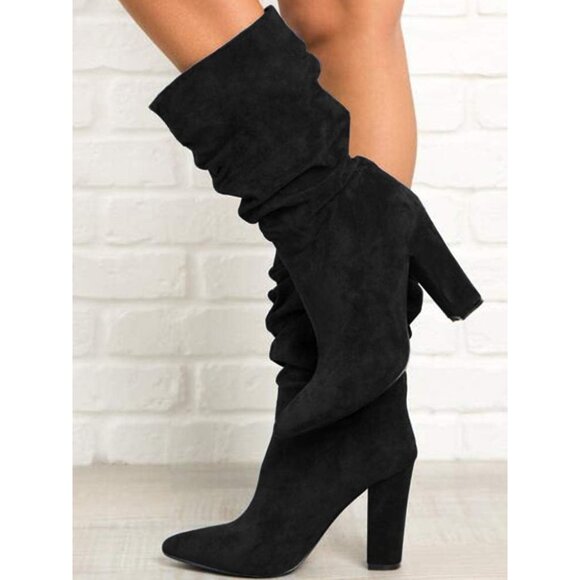 Women's Black Suede Mid Calf High Slouchy Chunky Heel Block Pointed Toe Boots - Picture 2 of 6